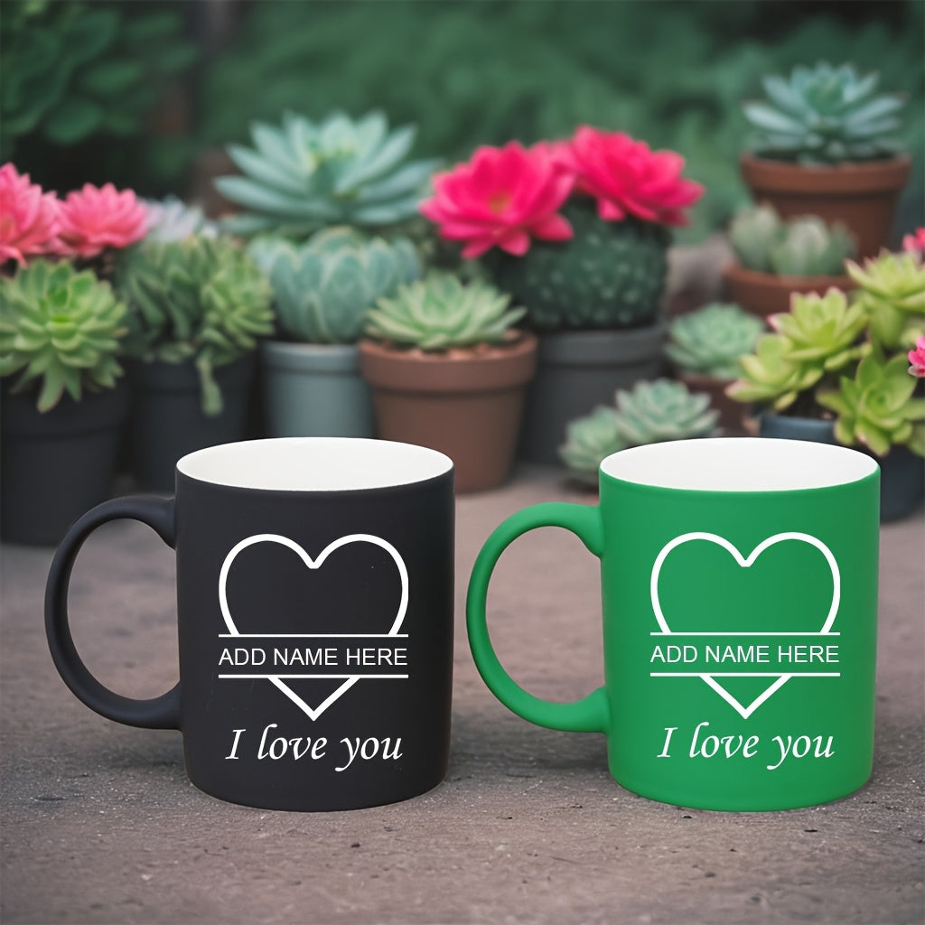 2pcs Personalized Heart Ceramic Mugs - 11oz Insulated Coffee & Tea Cups, Custom Name "I Love You" Design, Perfect for Couples, Valentine’s Day, Christmas, Family Gatherings, Hand Wash Only