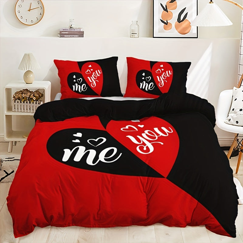 3pcs Couple Black and Red Love Romantic Print Quilt Cover Set