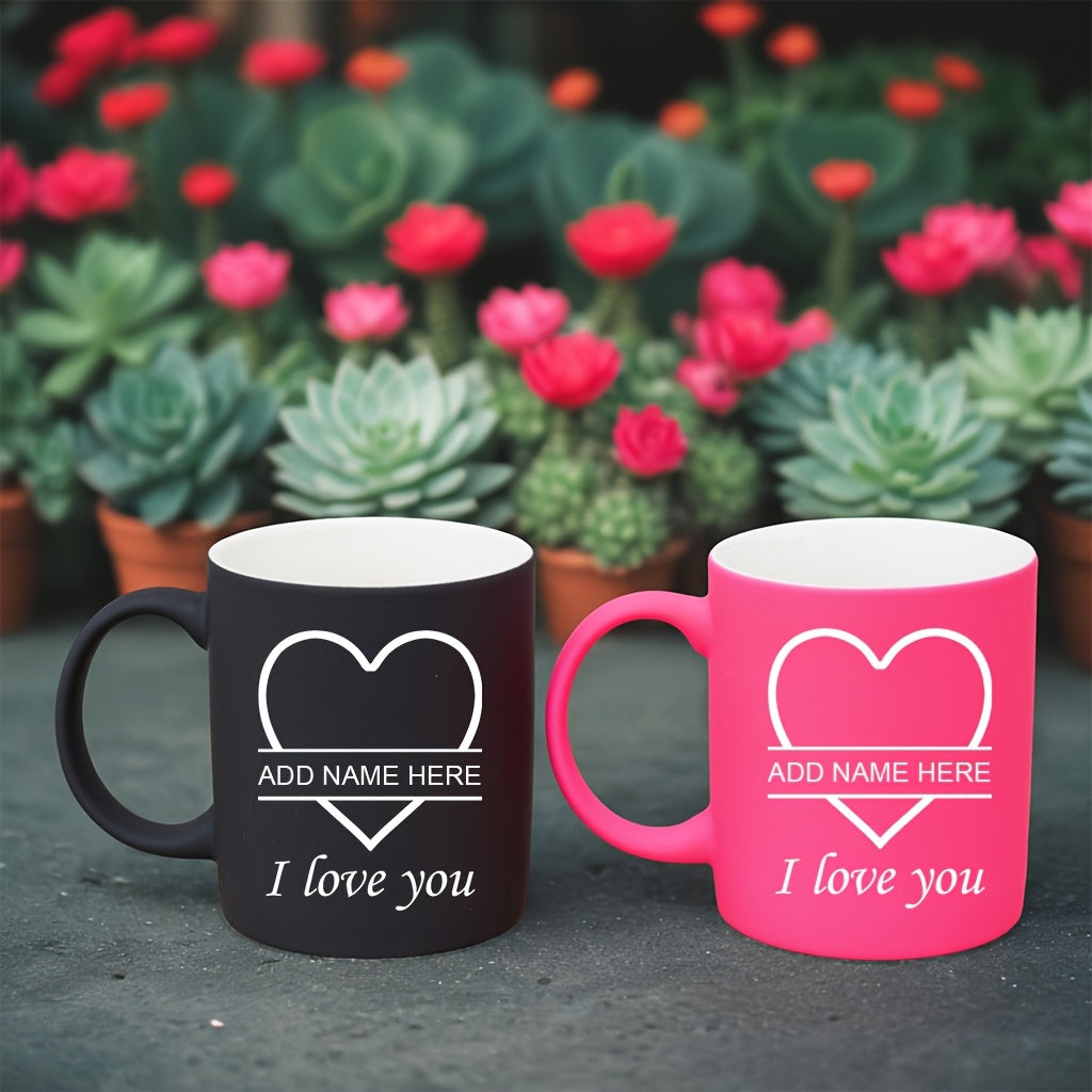 2pcs Personalized Heart Ceramic Mugs - 11oz Insulated Coffee & Tea Cups, Custom Name "I Love You" Design, Perfect for Couples, Valentine’s Day, Christmas, Family Gatherings, Hand Wash Only