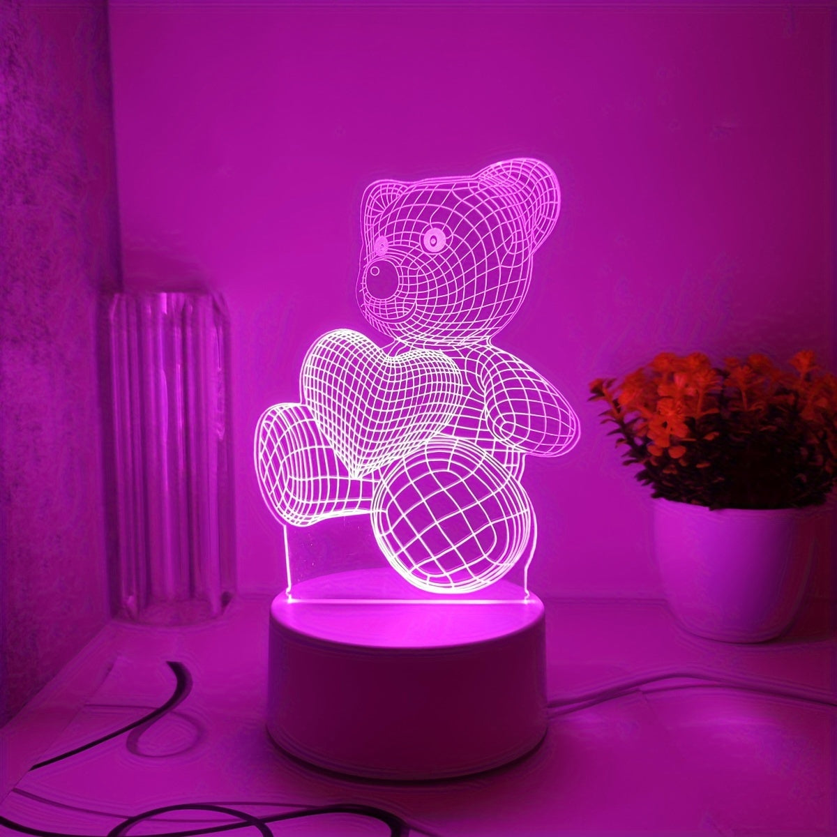 Romantic Pink Heart Bear 3D Night Light - USB Powered, Modern Bedroom Decor with Switch Control