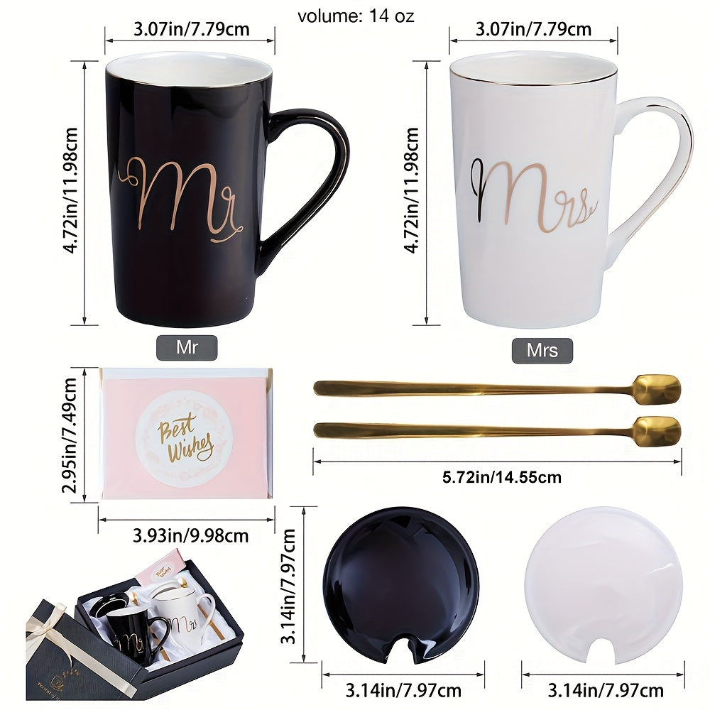 Mr & Mrs Ceramic Coffee Mug Set, Reusable Round Letter Printed Cups with Lids, BPA-Free, Multipurpose for Christmas, Thanksgiving, Valentine's Day - Ideal Wedding, Engagement, Anniversary Gift, Anniversary Mug Set|Modern Coff