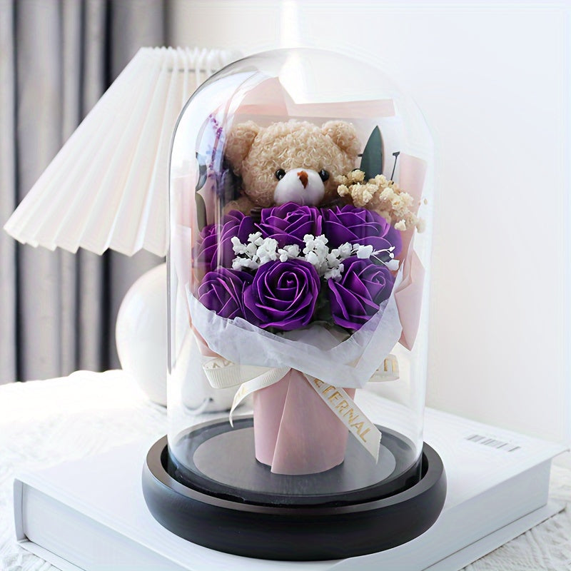 Anniversary Enchanted Rose in Glass Dome with Teddy Bear, Artificial Rose Bouquet Gift, Tabletop Decor for Valentine's, Christmas, Thanksgiving, Graduation, Juneteenth - With Container