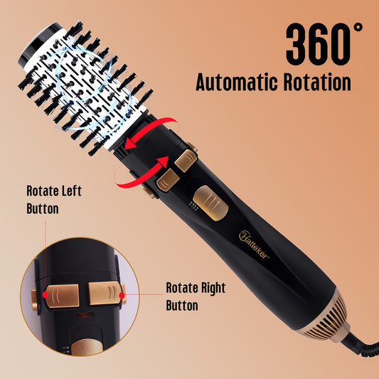 HATTEKER 4-in-1 Hot Air Brush - Dual-Use Straightening & Curling Comb, 1200W High-Power Hair Dryer Attachment with Interchangeable Heads, Black & Golden Design for Stylish Waves and Straight Looks