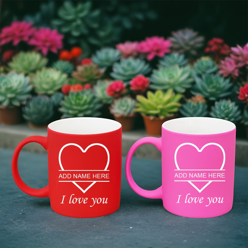 2pcs Personalized Heart Ceramic Mugs - 11oz Insulated Coffee & Tea Cups, Custom Name "I Love You" Design, Perfect for Couples, Valentine’s Day, Christmas, Family Gatherings, Hand Wash Only