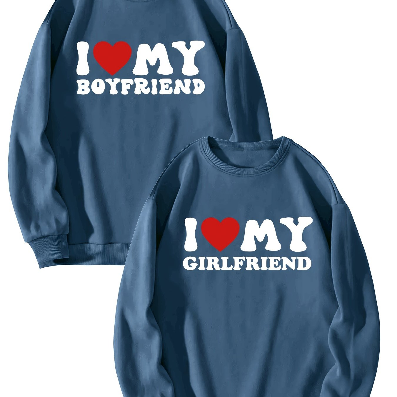 2pcs "I Love My Boyfriend" & "Girlfriend" Green Sweatshirts - Casual Long Sleeve Crew Neck, 100% Polyester, Breathable Knit for Couples - Perfect for Everyday & Date Nights, Couples Apparel|Relaxed Fit Sweatshirt|Knitted Text