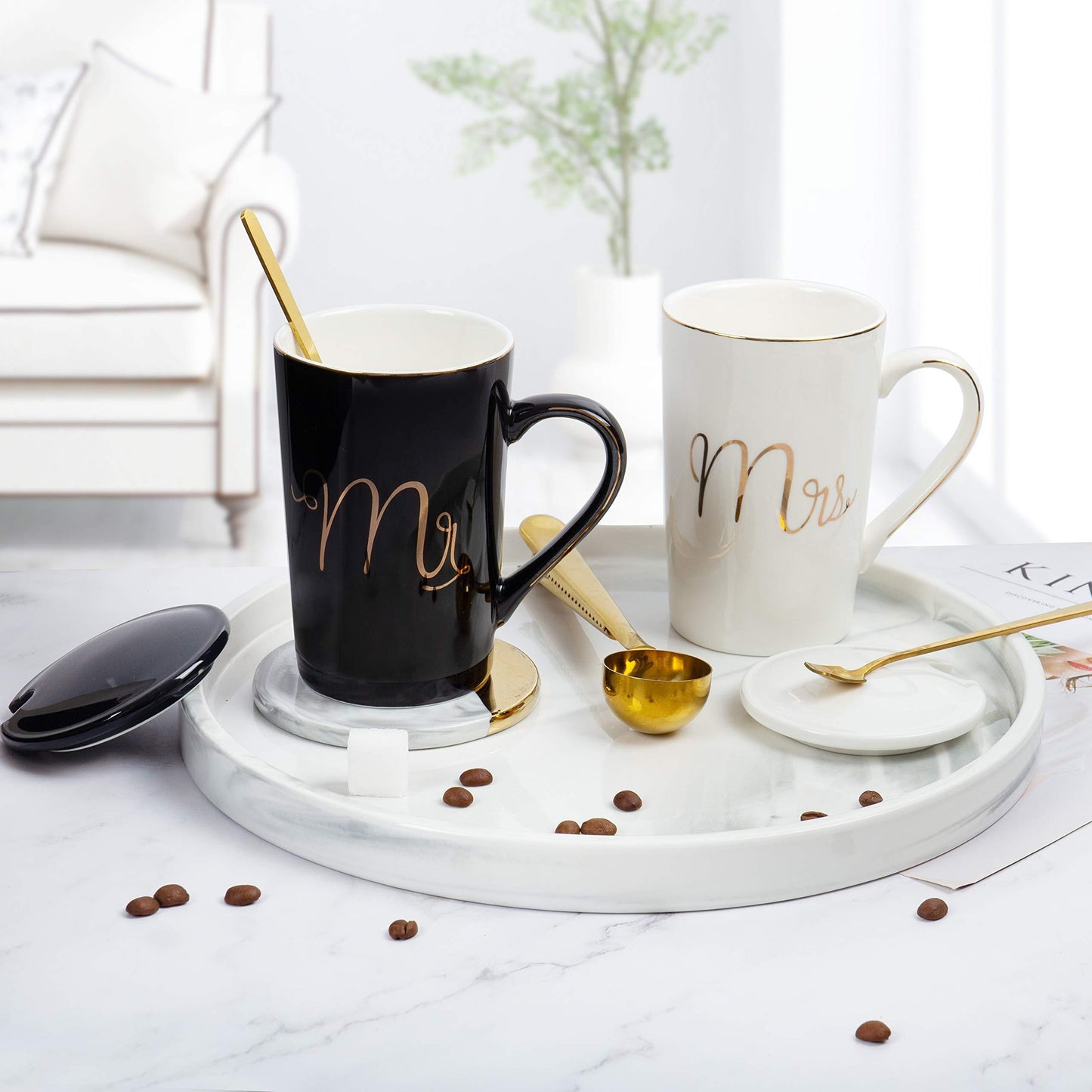 Mr & Mrs Ceramic Coffee Mug Set, Reusable Round Letter Printed Cups with Lids, BPA-Free, Multipurpose for Christmas, Thanksgiving, Valentine's Day - Ideal Wedding, Engagement, Anniversary Gift, Anniversary Mug Set|Modern Coff