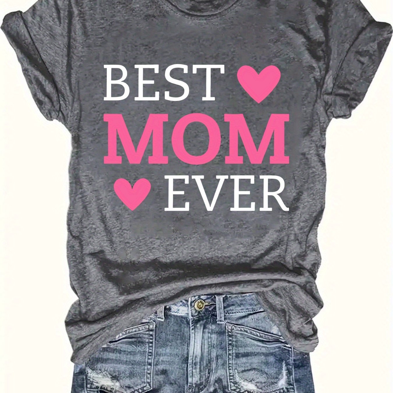 Best Mom Ever Letter Print T-Shirt - Casual Crew Neck Short Sleeve Top for Women, Lightweight Polyester Fabric, Perfect for Summer & Spring, Heart Design for Mother’s Day or Casual Attire, Mothers Day Gifts for Mom