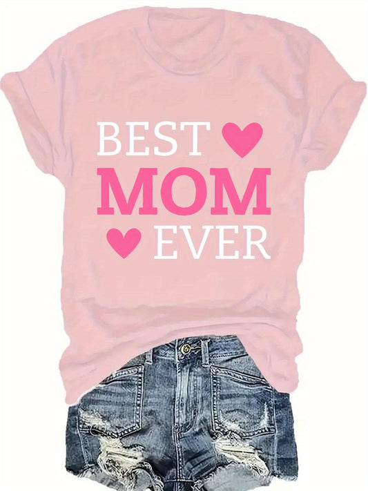 Best Mom Ever Letter Print T-Shirt - Casual Crew Neck Short Sleeve Top for Women, Lightweight Polyester Fabric, Perfect for Summer & Spring, Heart Design for Mother’s Day or Casual Attire, Mothers Day Gifts for Mom