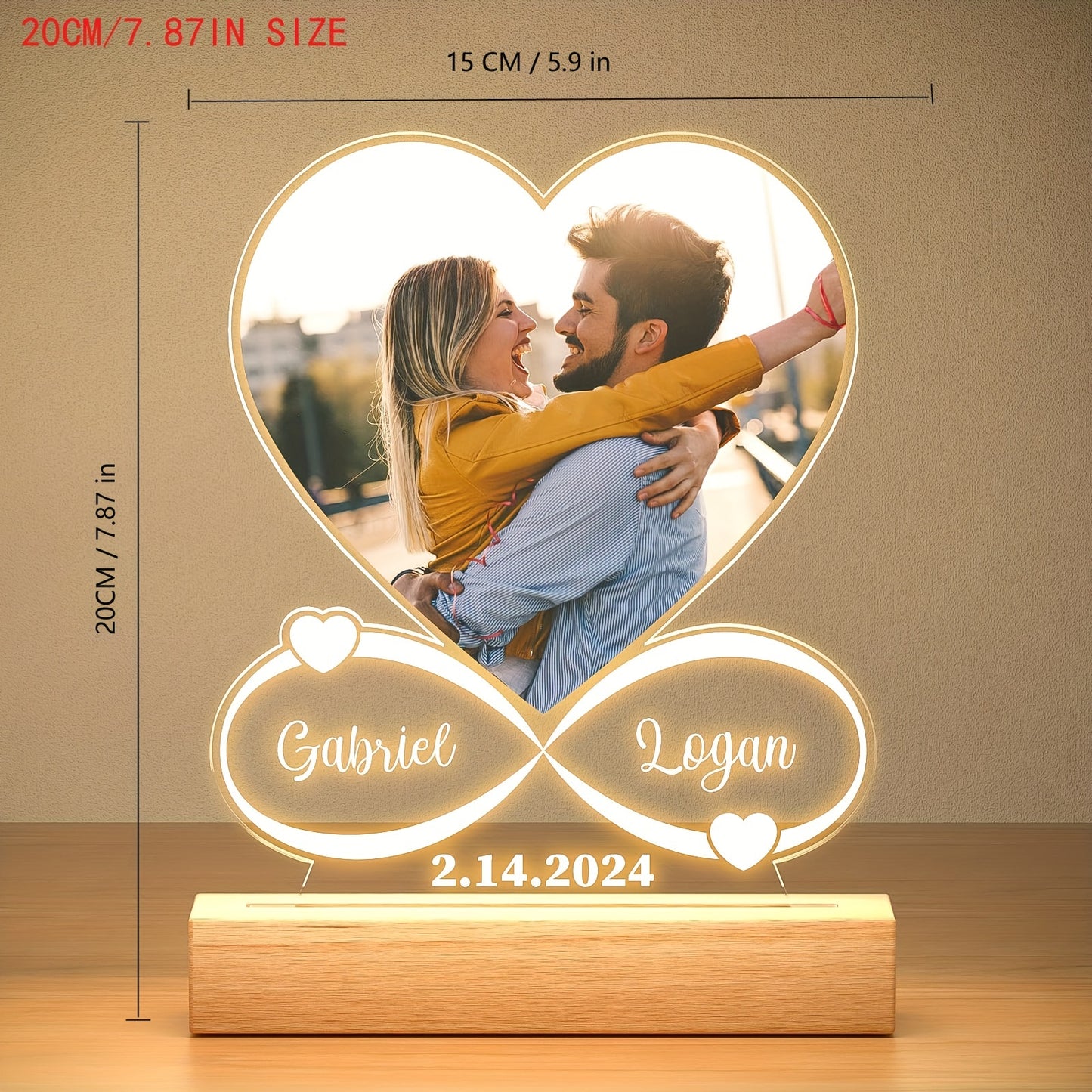 Personalized Custom Picture Frames with Seven colors LED Night Light Christmas gifts New Year Acrylic Heart Plaque Wooden Stand Table Lamp Customized Photo, Mother'S Day Lover Anniversary Birthday