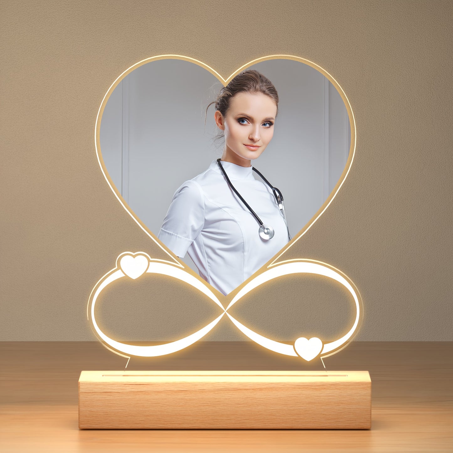 Personalized Custom Picture Frames with Seven colors LED Night Light Christmas gifts New Year Acrylic Heart Plaque Wooden Stand Table Lamp Customized Photo, Mother'S Day Lover Anniversary Birthday