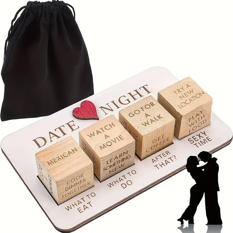 Date Night Decision Dice - Romantic Couples Wooden Dice Game Set, Portable and Creative Ideas for Adults 18+, Ideal Love Gift for Men, Women, Husband, Wife, Girlfriend, Boyfriend with Storage Bag (4 Dice)