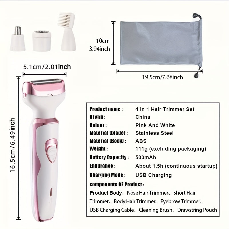 MIGUAN 4-in-1 Rechargeable Electric Shaver Kit for Women - Pink & White, Includes Trimmer, Nose Hair Remover, Eyebrow Shaper, and Underarm Hair Trimmer - Ideal Gift for Women'S Day, Hair Removal Kit|Stylish Shaver Set|Compact