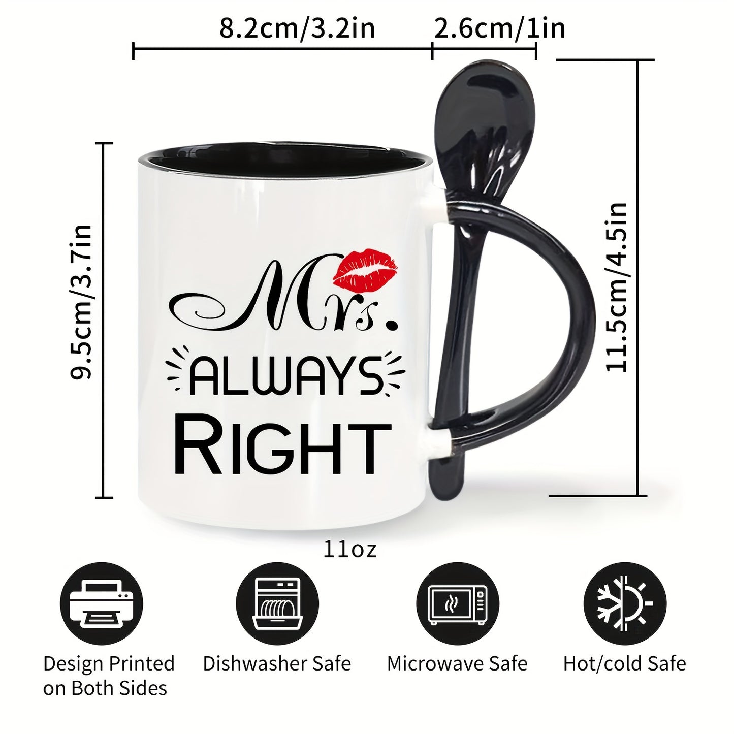 Mr. Right & Mrs. Always Right Ceramic Coffee Mugs Set with Spoons - 11oz, Hand Wash Only, Insulated, Reusable, Multipurpose - Ideal Engagement, Wedding, Anniversary, Valentine's Day Gift for Couples