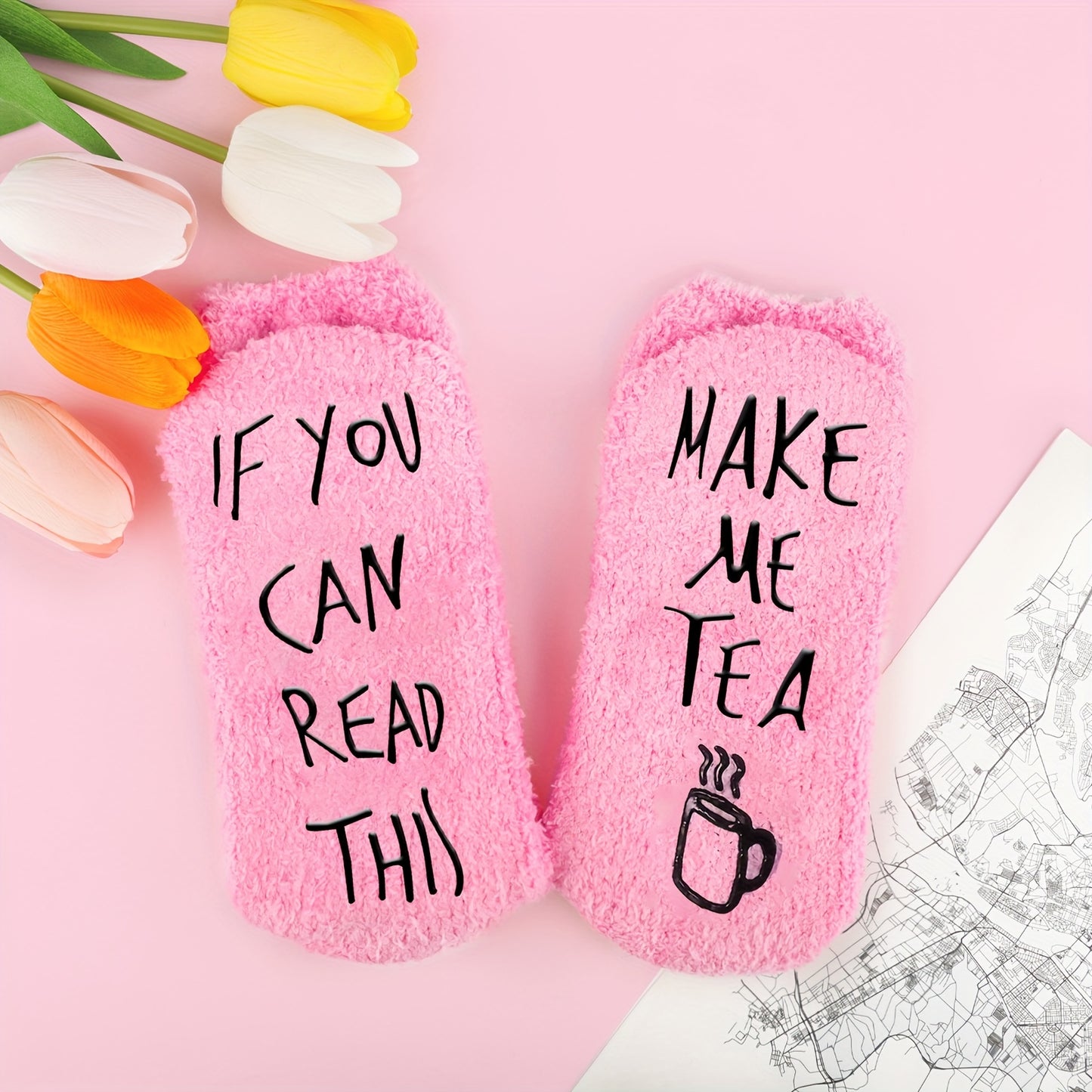 Novelty Tea Request Fluffy Slipper Socks, 1 Pair - Cozy Polyester Blend Fuzzy Socks with Funny Message, Non-Feathered, Electricity-Free, Comfort Lounge Wear for Tea Lovers - Ideal Birthday, Christmas Gifts for Women