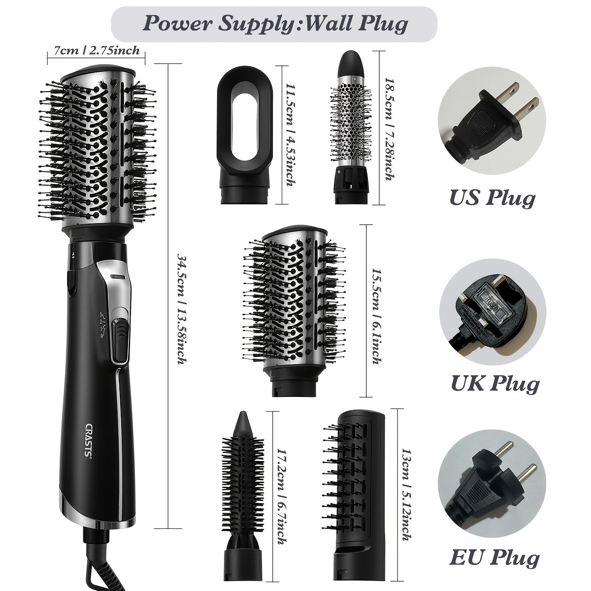 CRASTS 5-in-1 Hot Air Brush Set, 1200W Professional Hair Styling Kit with Detachable Nozzle, Dual Voltage 220V, European Standard Plug, Includes Comb & Hair Dryer Nozzle, Moisturizing Ionic Brush for Straightening & Curling,