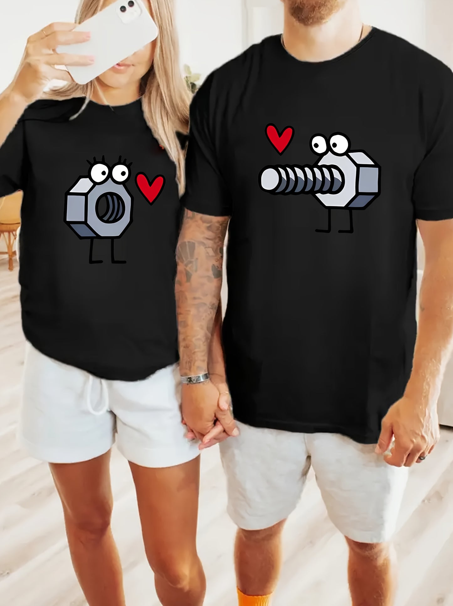 [Everyday Style] Cartoon Screw and Nut Print Fashion Couple T-Shirts, Casual Crew Neck Short Sleeve Tees, Soft Breathable Polyester Knit Fabric, Regular Length, for All Seasons, Cute Shirts