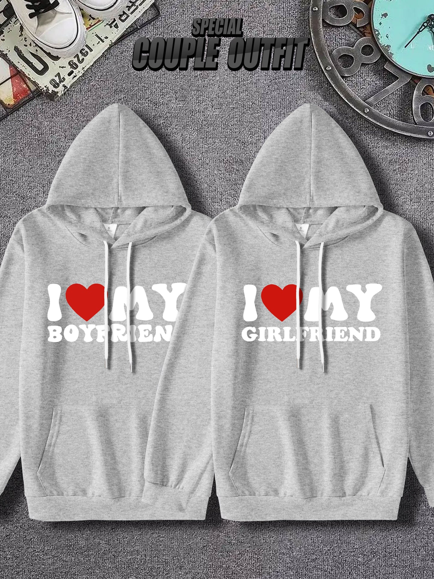 Couple'S Matching Hoodies, "I Love My Boyfriend/Girlfriend" Print, Casual Polyester Knit Fabric, Slight Stretch, Regular Fit, Fall/Winter Warmth, 100% Polyester