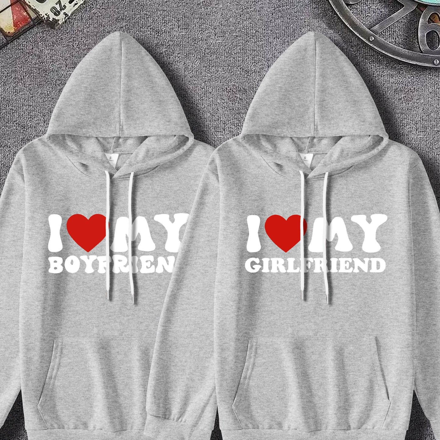 Couple'S Matching Hoodies, "I Love My Boyfriend/Girlfriend" Print, Casual Polyester Knit Fabric, Slight Stretch, Regular Fit, Fall/Winter Warmth, 100% Polyester