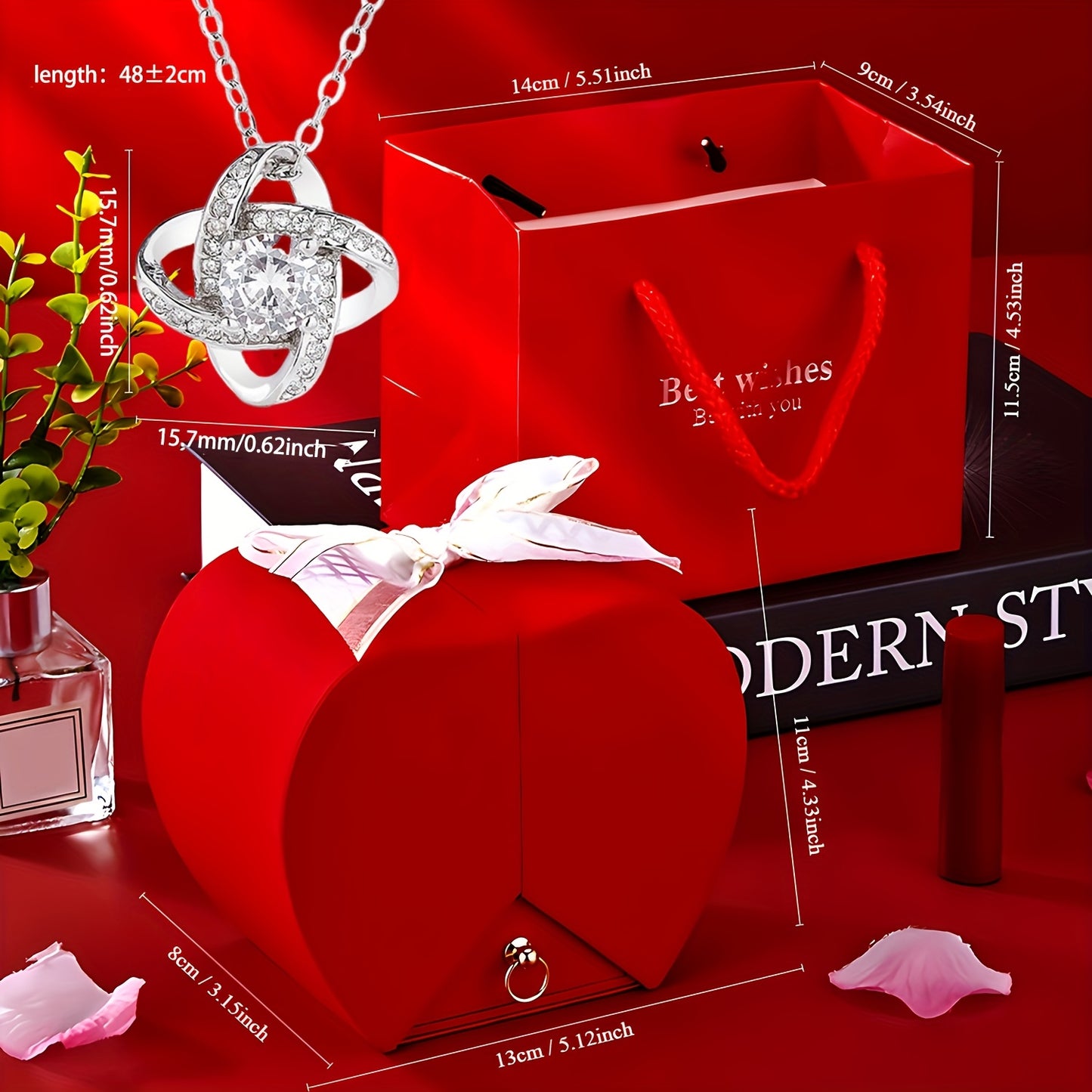 Elegant Heart-Shaped Crystal Necklace Gift Set with Red Apple Box & "Best Wishes" Card - Ideal for Mom, Daughter, Grandma, Wife on Valentine's, Anniversaries, Birthdays & More - Metal, No Feathers