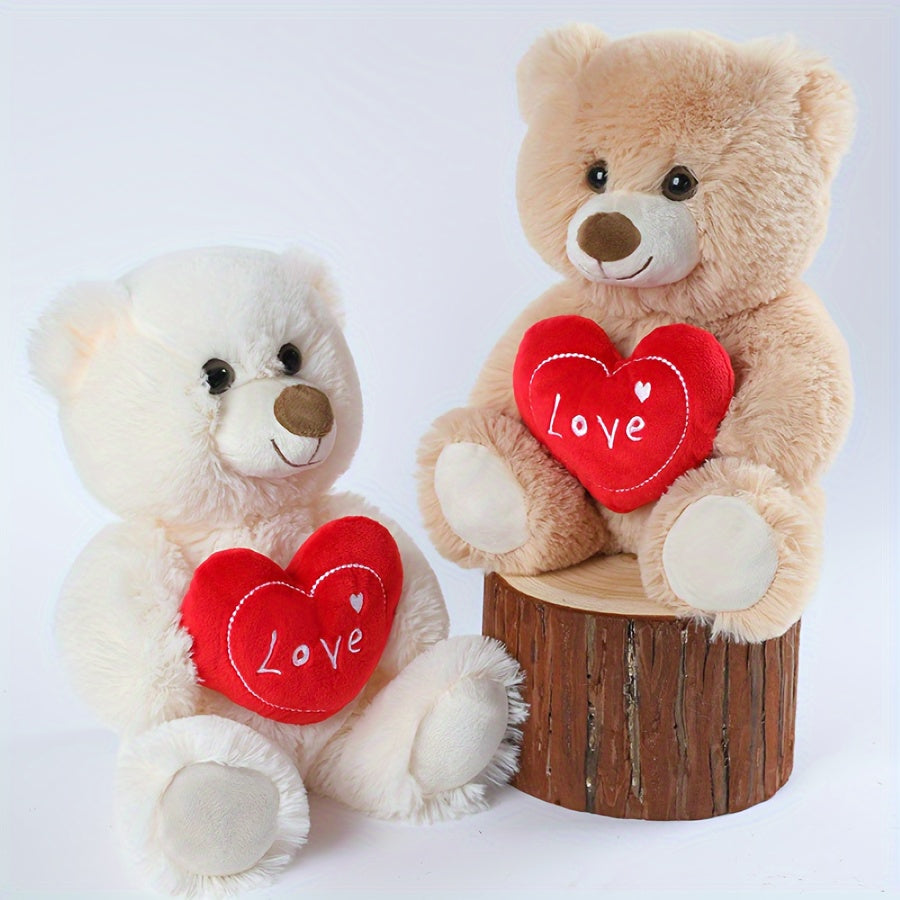 Stuffed Beige Heart Bear - Love You - Plush Teddy Bear Toy for Kids & Adults Gift Embroidered Heart Pillow Dog Plushies