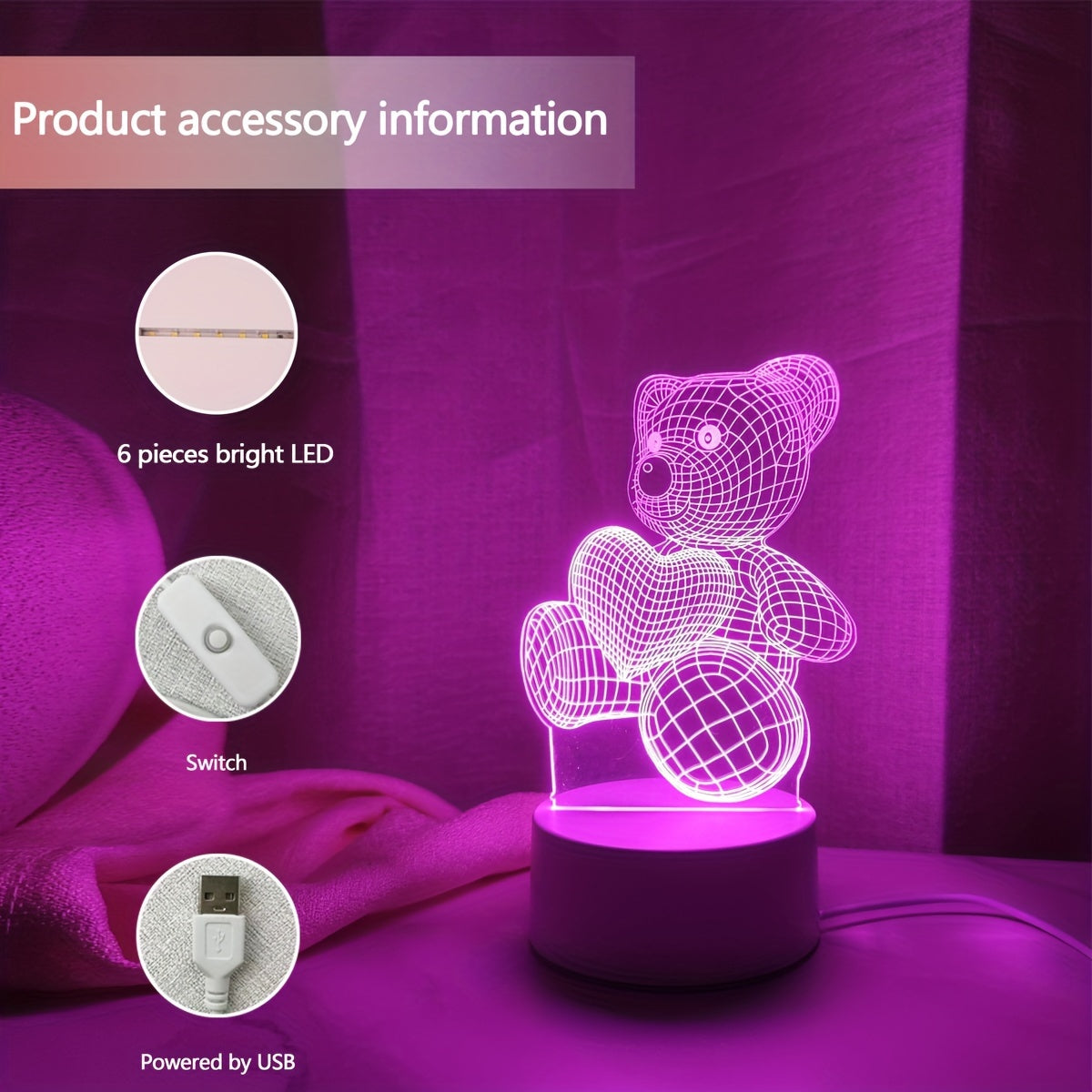 Romantic Pink Heart Bear 3D Night Light - USB Powered, Modern Bedroom Decor with Switch Control