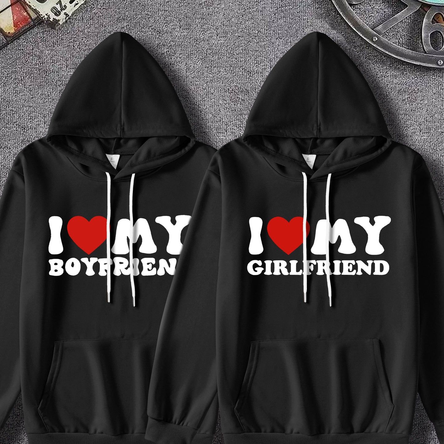 Couple'S Matching Hoodies, "I Love My Boyfriend/Girlfriend" Print, Casual Polyester Knit Fabric, Slight Stretch, Regular Fit, Fall/Winter Warmth, 100% Polyester