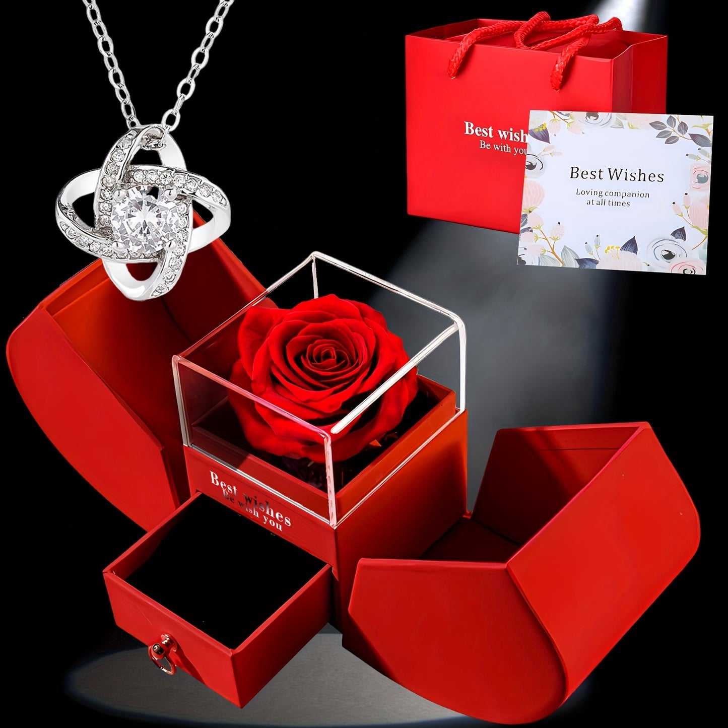 Elegant Heart-Shaped Crystal Necklace Gift Set with Red Apple Box & "Best Wishes" Card - Ideal for Mom, Daughter, Grandma, Wife on Valentine's, Anniversaries, Birthdays & More - Metal, No Feathers