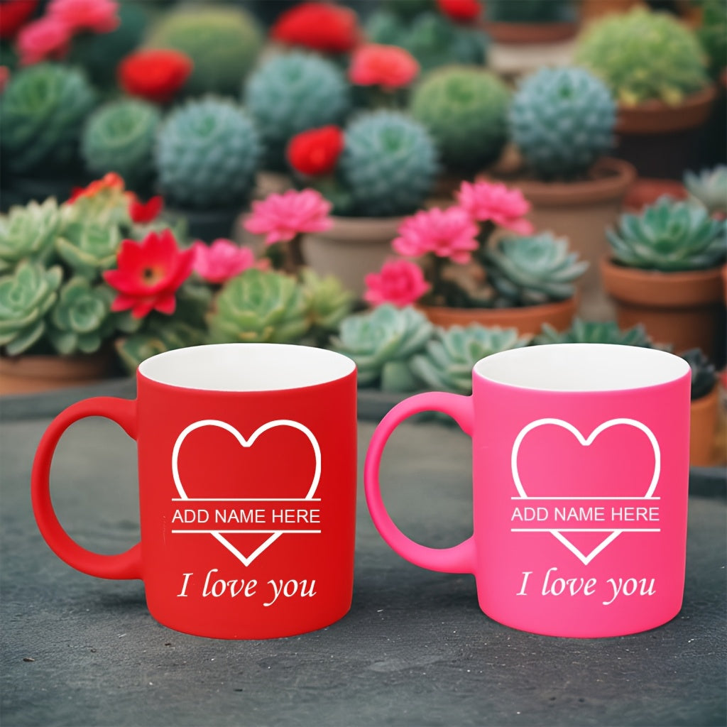 2pcs Personalized Heart Ceramic Mugs - 11oz Insulated Coffee & Tea Cups, Custom Name "I Love You" Design, Perfect for Couples, Valentine’s Day, Christmas, Family Gatherings, Hand Wash Only