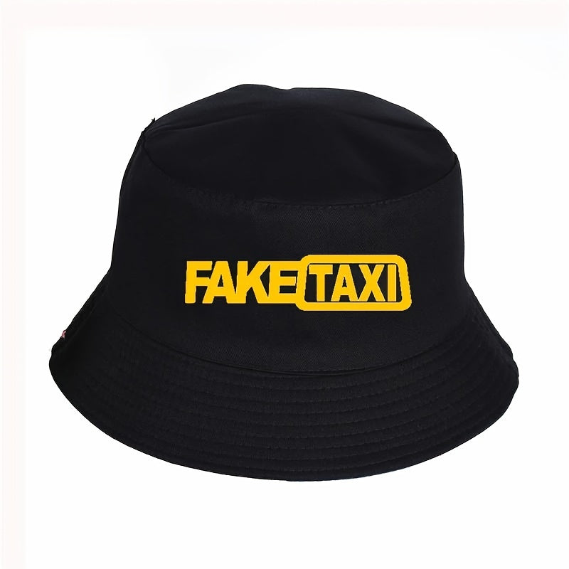 Chic Fake Taxi Print Bucket Hat for Women - High-Quality Cotton Blend, Sun Protection, Non-Stretch, Knit Design, Hand Washable