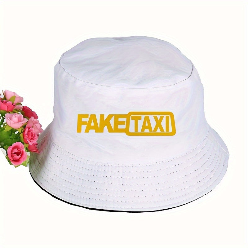 Chic Fake Taxi Print Bucket Hat for Women - High-Quality Cotton Blend, Sun Protection, Non-Stretch, Knit Design, Hand Washable