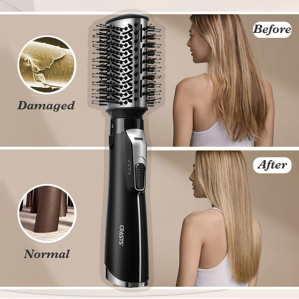 CRASTS 5-in-1 Hot Air Brush Set, 1200W Professional Hair Styling Kit with Detachable Nozzle, Dual Voltage 220V, European Standard Plug, Includes Comb & Hair Dryer Nozzle, Moisturizing Ionic Brush for Straightening & Curling,