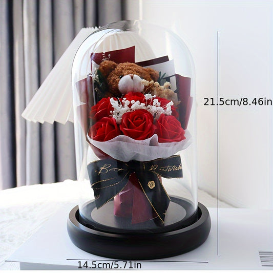 Anniversary Enchanted Rose in Glass Dome with Teddy Bear, Artificial Rose Bouquet Gift, Tabletop Decor for Valentine's, Christmas, Thanksgiving, Graduation, Juneteenth - With Container