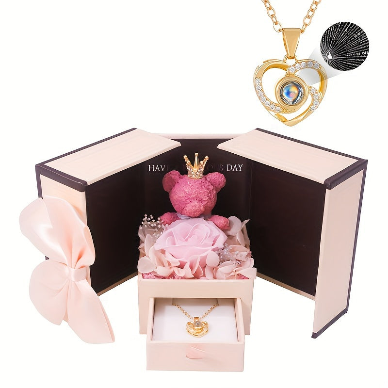 Elegant Rose & Bear Flower Gift Box with Synthetic Stone, Copper Heart Pendant Necklace, Ideal for Birthday, Christmas, Valentine'S Day, Thanksgiving - All-Season Party & Gift Giving Accessory