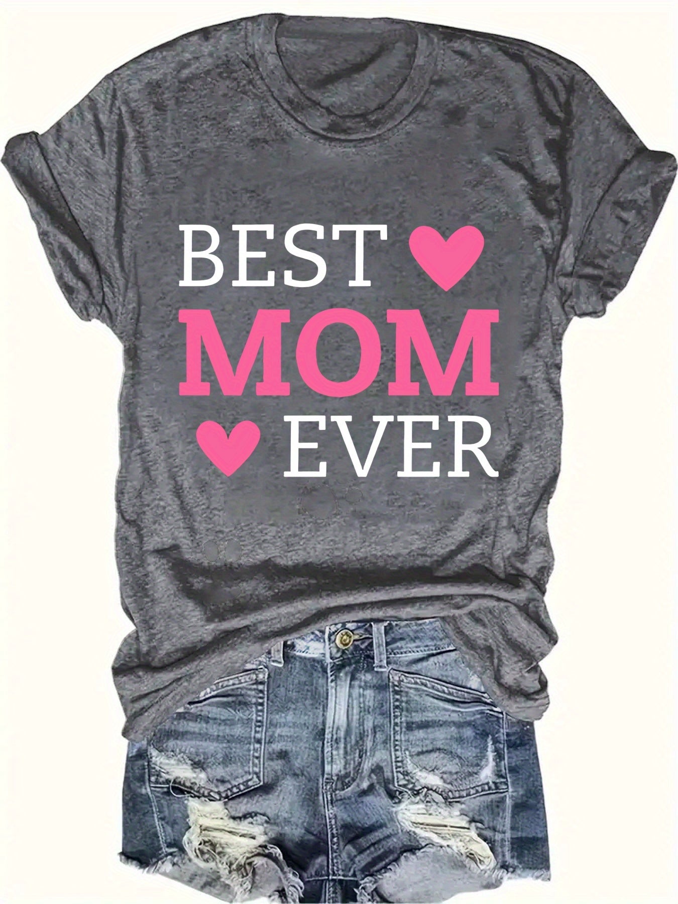 Best Mom Ever Letter Print T-Shirt - Casual Crew Neck Short Sleeve Top for Women, Lightweight Polyester Fabric, Perfect for Summer & Spring, Heart Design for Mother’s Day or Casual Attire, Mothers Day Gifts for Mom