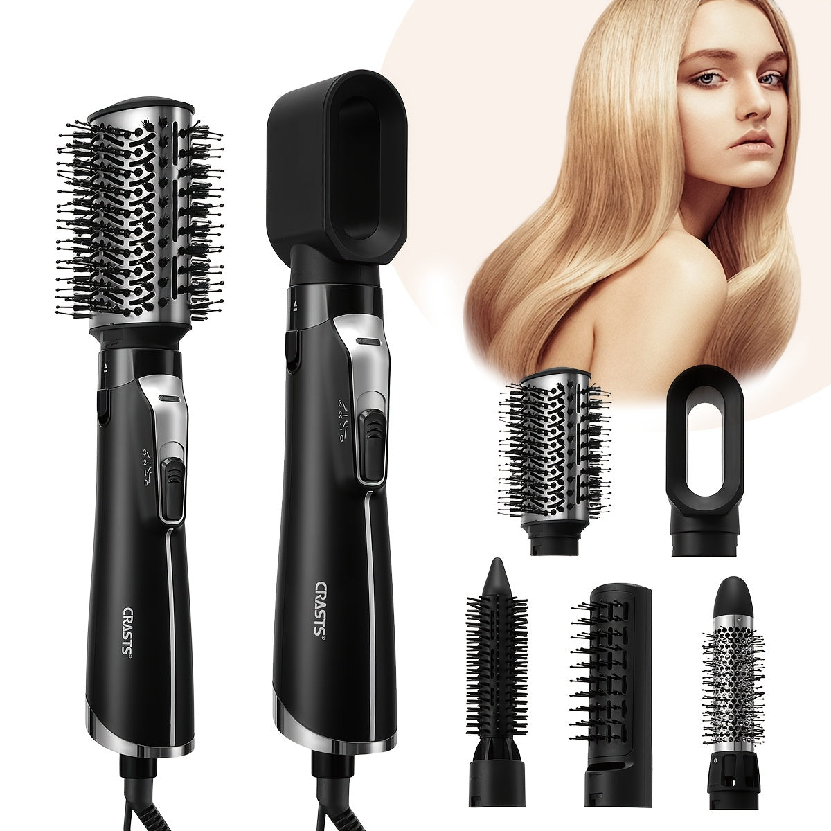 CRASTS 5-in-1 Hot Air Brush Set, 1200W Professional Hair Styling Kit with Detachable Nozzle, Dual Voltage 220V, European Standard Plug, Includes Comb & Hair Dryer Nozzle, Moisturizing Ionic Brush for Straightening & Curling,