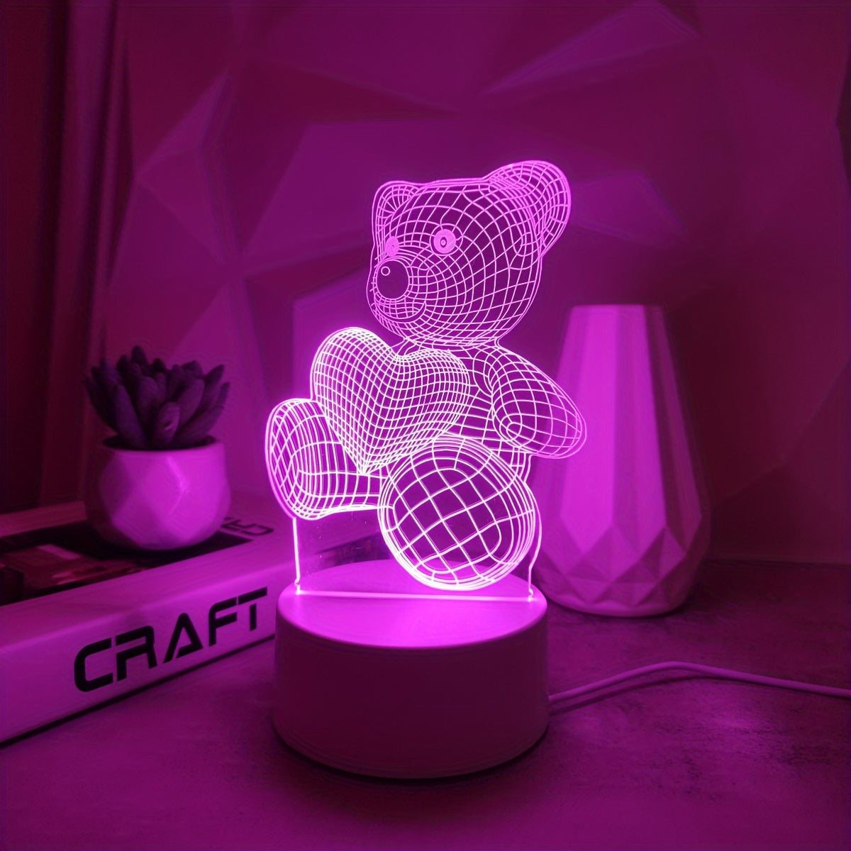 Romantic Pink Heart Bear 3D Night Light - USB Powered, Modern Bedroom Decor with Switch Control