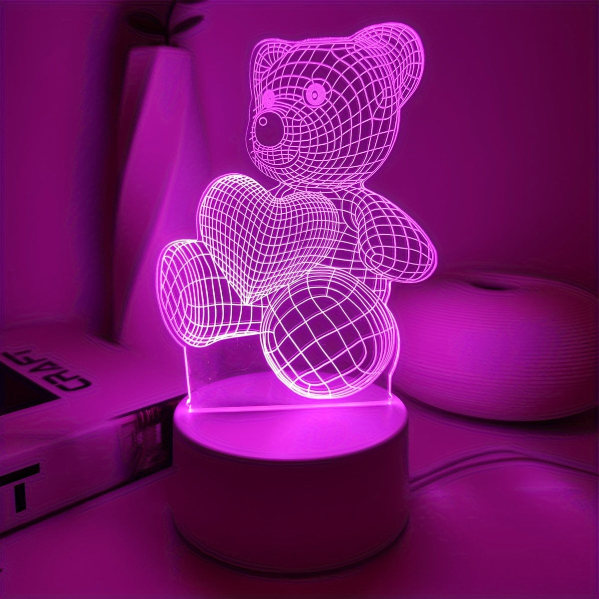 Romantic Pink Heart Bear 3D Night Light - USB Powered, Modern Bedroom Decor with Switch Control