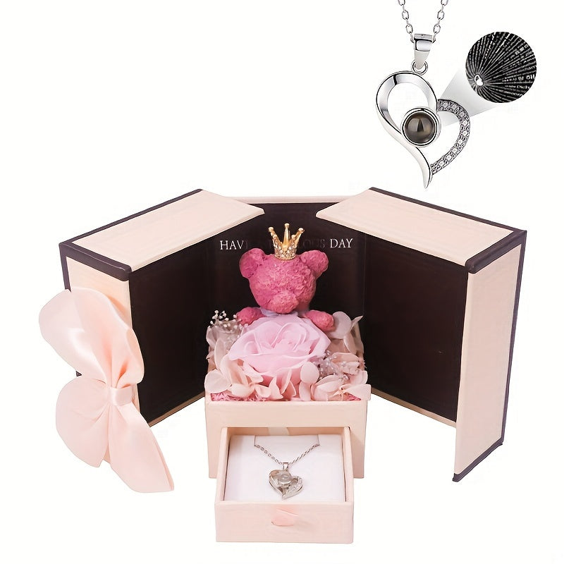 Elegant Rose & Bear Flower Gift Box with Synthetic Stone, Copper Heart Pendant Necklace, Ideal for Birthday, Christmas, Valentine'S Day, Thanksgiving - All-Season Party & Gift Giving Accessory