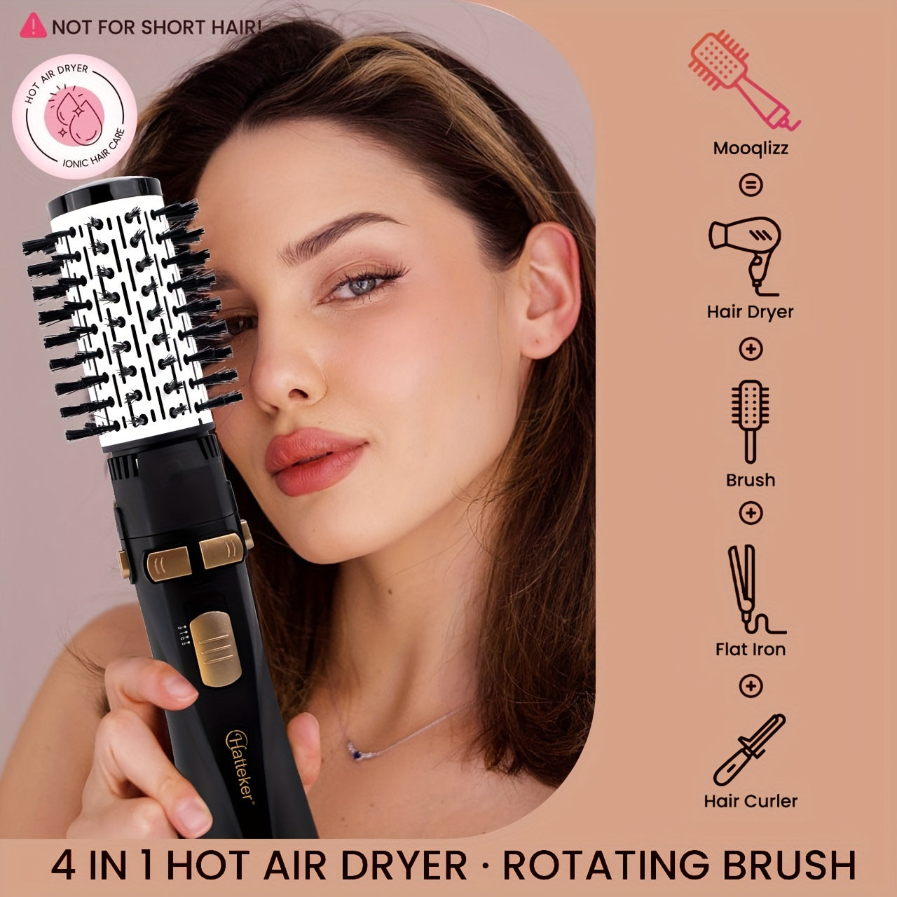 HATTEKER 4-in-1 Hot Air Brush - Dual-Use Straightening & Curling Comb, 1200W High-Power Hair Dryer Attachment with Interchangeable Heads, Black & Golden Design for Stylish Waves and Straight Looks