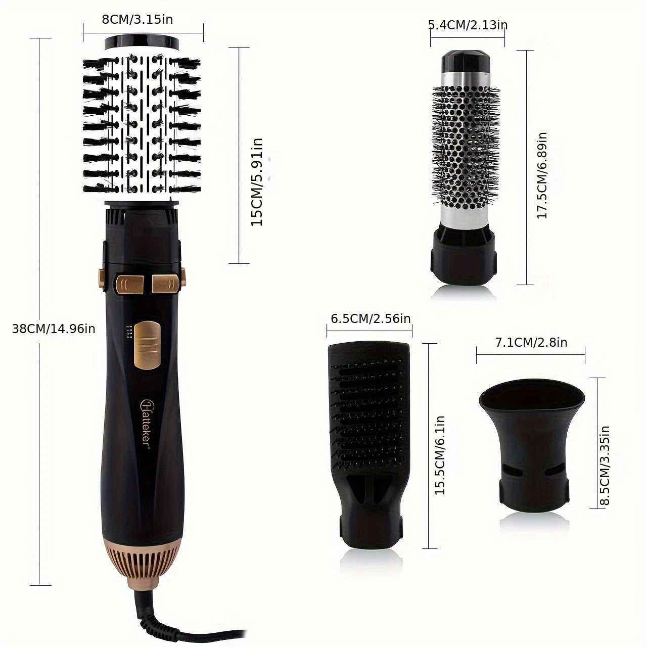 HATTEKER 4-in-1 Hot Air Brush - Dual-Use Straightening & Curling Comb, 1200W High-Power Hair Dryer Attachment with Interchangeable Heads, Black & Golden Design for Stylish Waves and Straight Looks