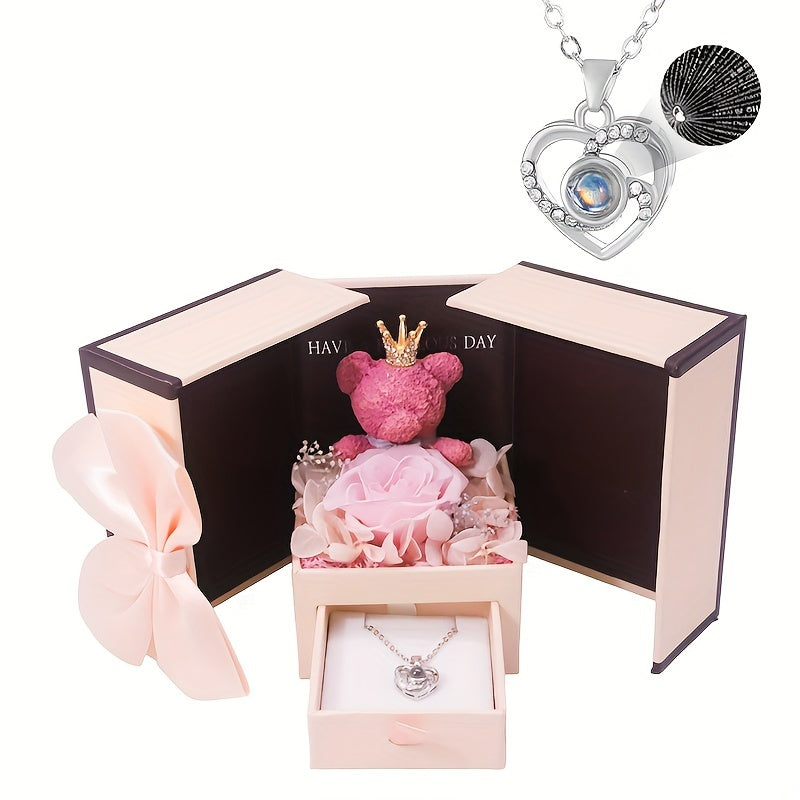 Elegant Rose & Bear Flower Gift Box with Synthetic Stone, Copper Heart Pendant Necklace, Ideal for Birthday, Christmas, Valentine'S Day, Thanksgiving - All-Season Party & Gift Giving Accessory