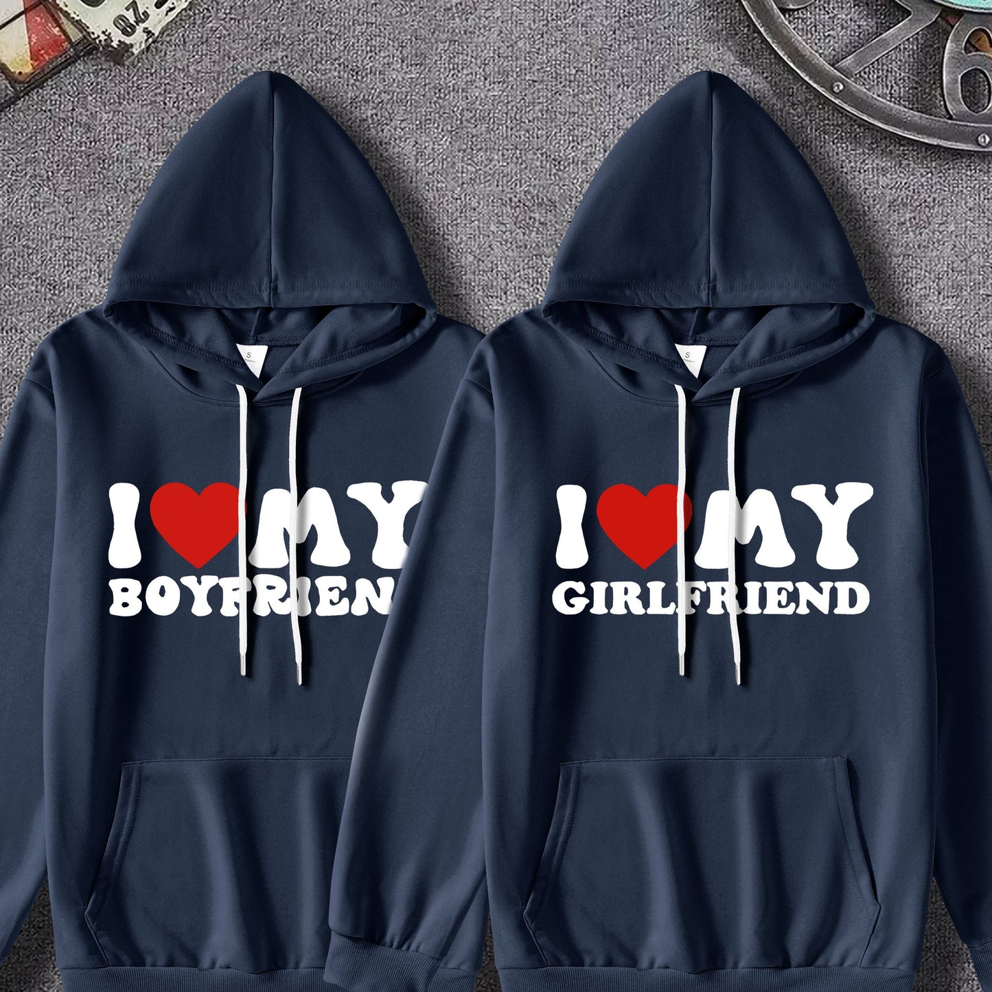 Couple'S Matching Hoodies, "I Love My Boyfriend/Girlfriend" Print, Casual Polyester Knit Fabric, Slight Stretch, Regular Fit, Fall/Winter Warmth, 100% Polyester