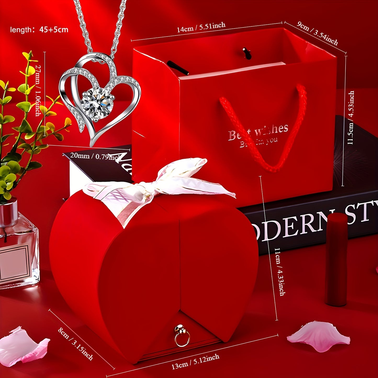 Elegant Heart-Shaped Crystal Necklace Gift Set with Red Apple Box & "Best Wishes" Card - Ideal for Mom, Daughter, Grandma, Wife on Valentine's, Anniversaries, Birthdays & More - Metal, No Feathers