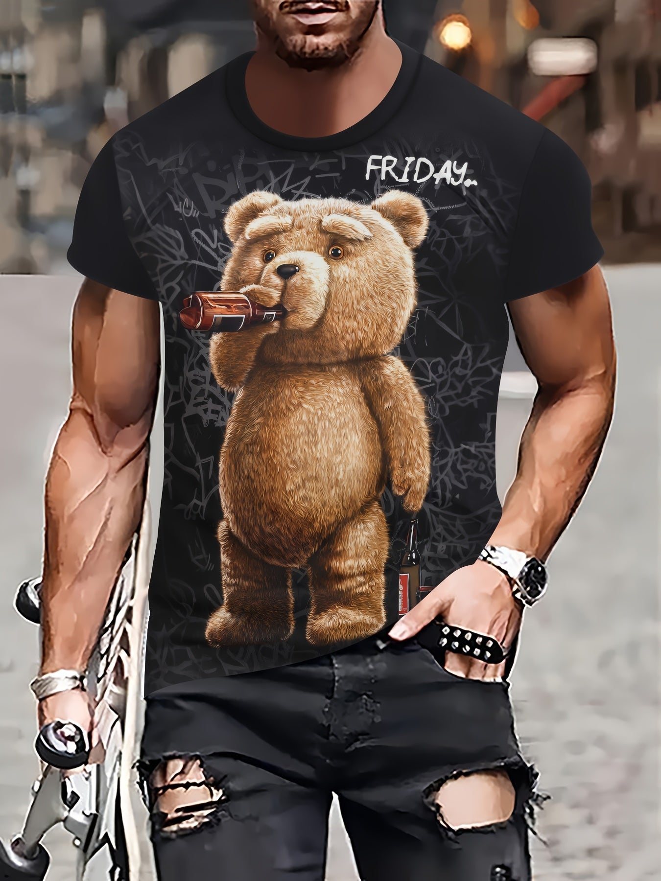 Men'S Funny Cartoon Bear Print T-Shirt, 100% Polyester Knit Fabric, Casual Crew Neck Tee with Slight Stretch, Regular Fit - Black