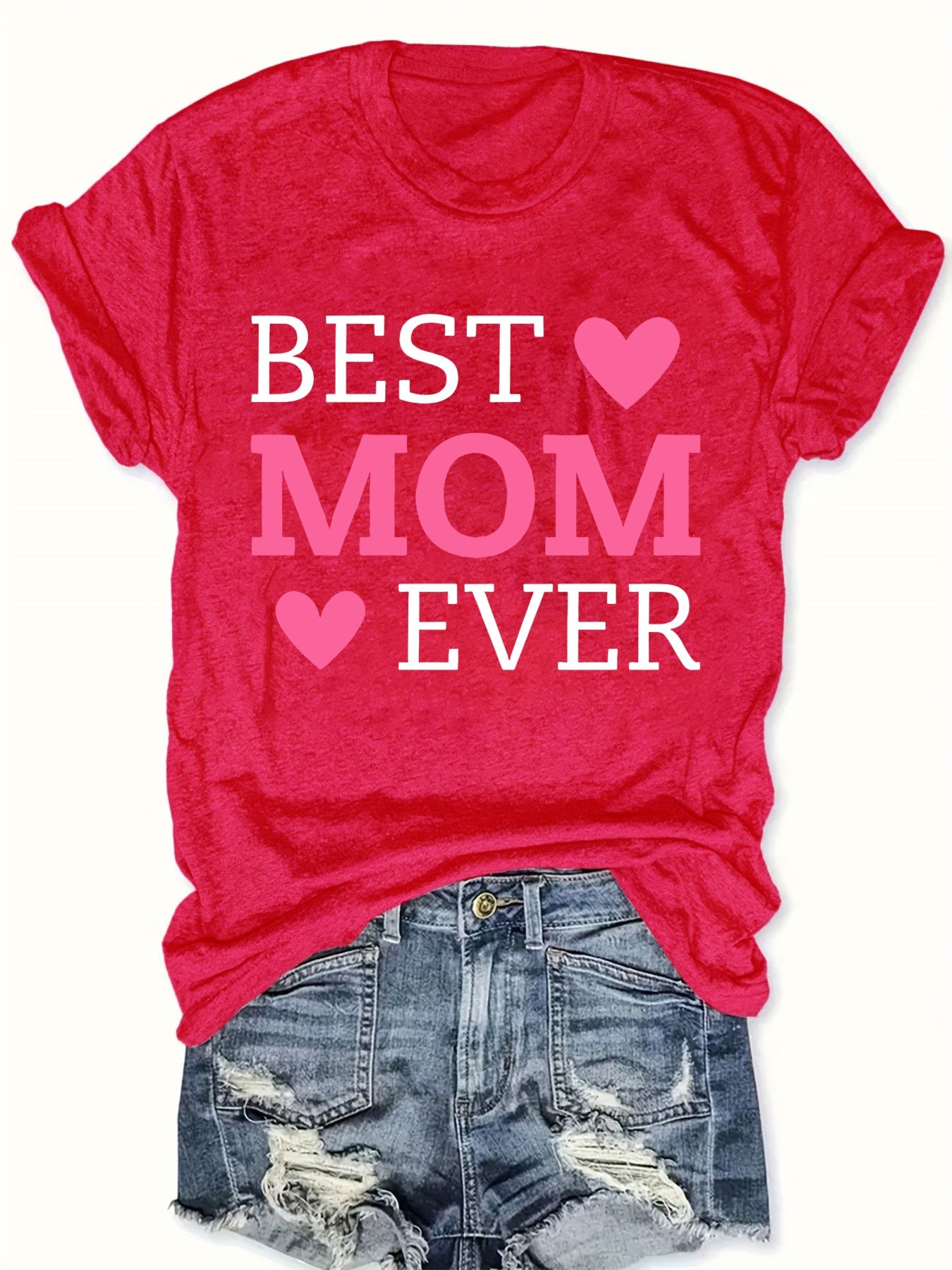 Best Mom Ever Letter Print T-Shirt - Casual Crew Neck Short Sleeve Top for Women, Lightweight Polyester Fabric, Perfect for Summer & Spring, Heart Design for Mother’s Day or Casual Attire, Mothers Day Gifts for Mom