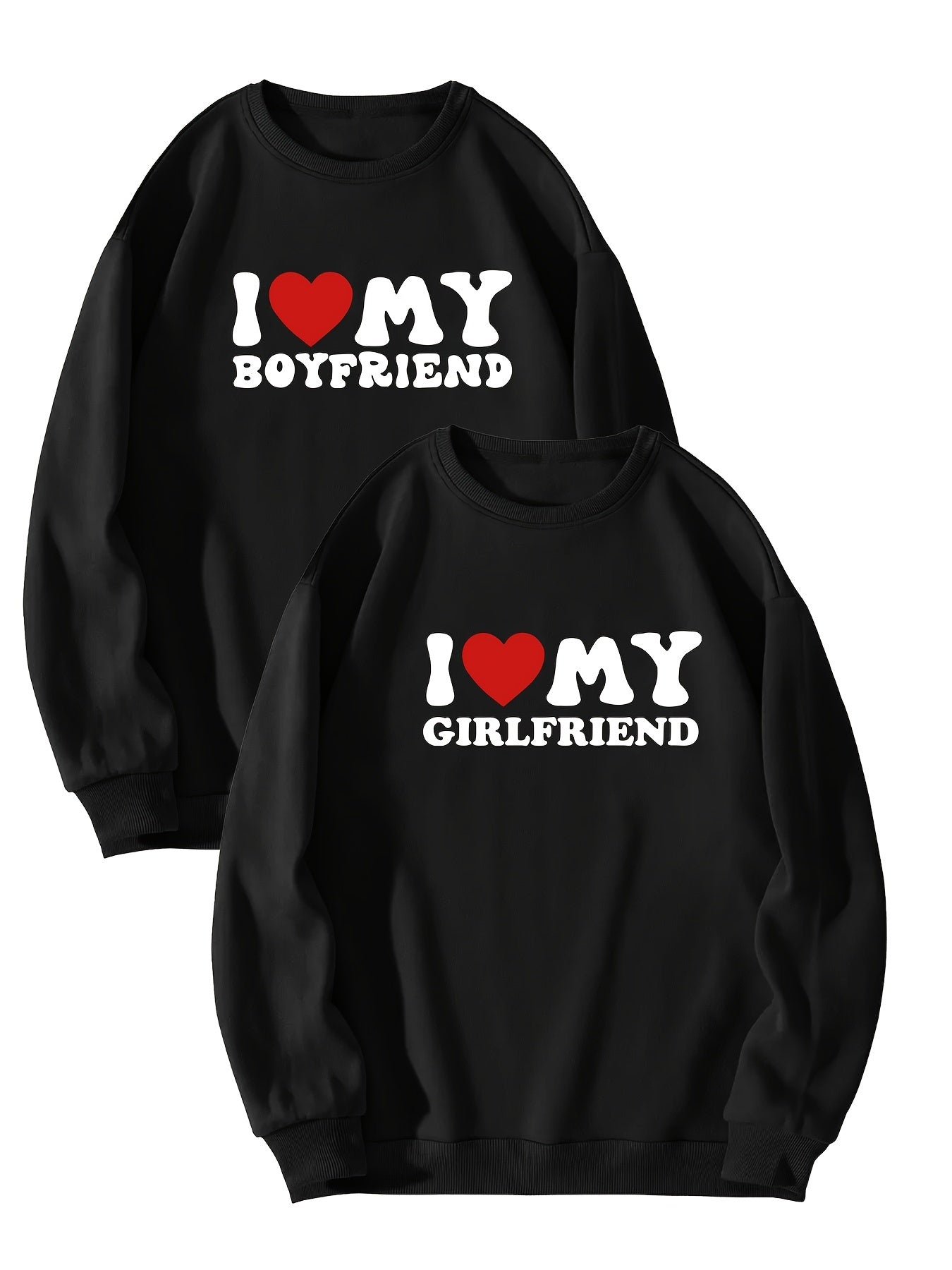 2pcs "I Love My Boyfriend" & "Girlfriend" Green Sweatshirts - Casual Long Sleeve Crew Neck, 100% Polyester, Breathable Knit for Couples - Perfect for Everyday & Date Nights, Couples Apparel|Relaxed Fit Sweatshirt|Knitted Text