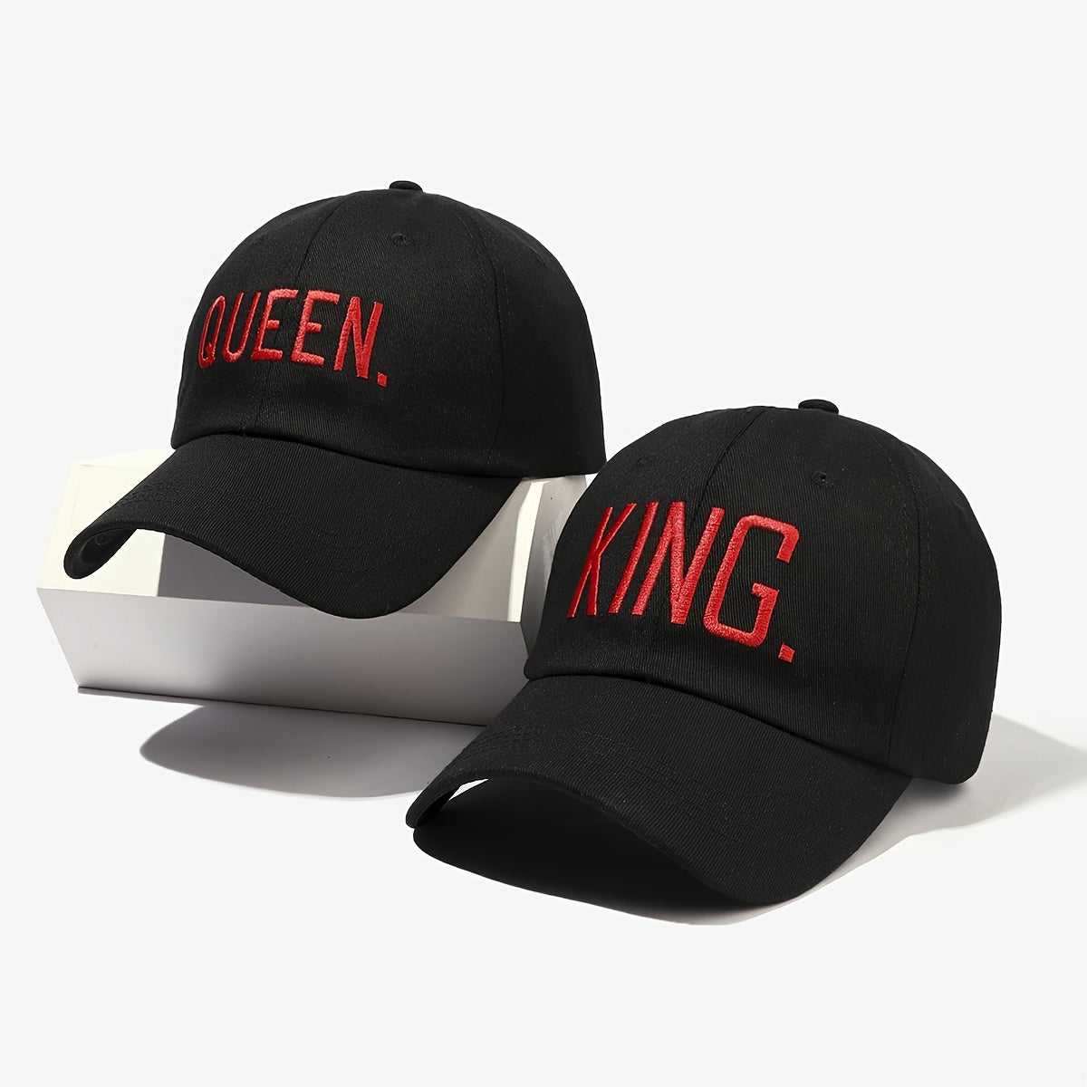 King & Queen Embroidered Couple Baseball Caps Set of 2, Fabric 100%, Adjustable Buckle Closure, Sun Protection Holiday Theme Unisex Hats