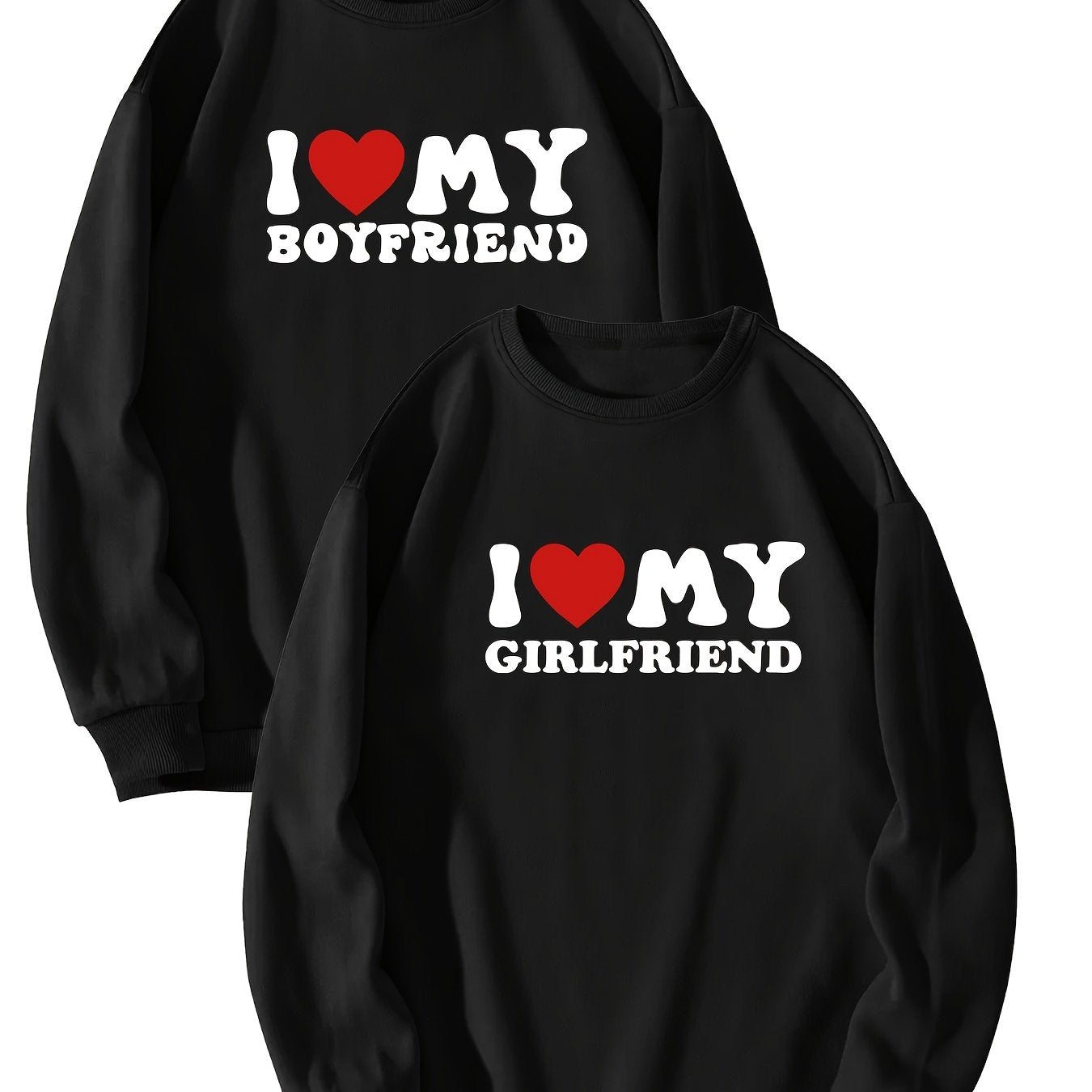 2pcs "I Love My Boyfriend" & "Girlfriend" Green Sweatshirts - Casual Long Sleeve Crew Neck, 100% Polyester, Breathable Knit for Couples - Perfect for Everyday & Date Nights, Couples Apparel|Relaxed Fit Sweatshirt|Knitted Text