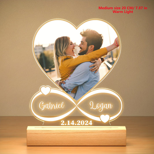 Personalized Custom Picture Frames with Seven colors LED Night Light Christmas gifts New Year Acrylic Heart Plaque Wooden Stand Table Lamp Customized Photo, Mother'S Day Lover Anniversary Birthday