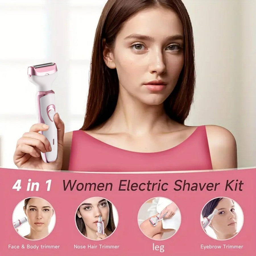 MIGUAN 4-in-1 Rechargeable Electric Shaver Kit for Women - Pink & White, Includes Trimmer, Nose Hair Remover, Eyebrow Shaper, and Underarm Hair Trimmer - Ideal Gift for Women'S Day, Hair Removal Kit|Stylish Shaver Set|Compact